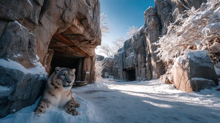 Magnificent snow leopard in its rocky enclosure, a pristine winter scene