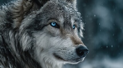 Magnificent Wolf Portrait in Winter with Bright Blue Eyes and Snowflakes
