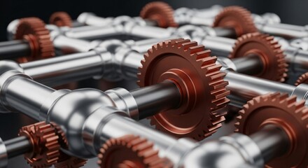 Gears and pipes forming complex industrial machinery