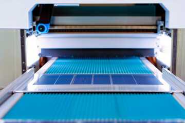 Solar panel passing through conveyor in factory.