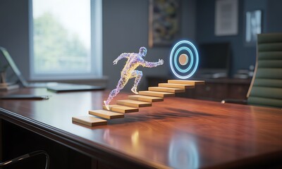 Futuristic holographic figure ascending floating steps toward digital target in modern office, ideal for illustrating innovation, ambition, and business goal achievement