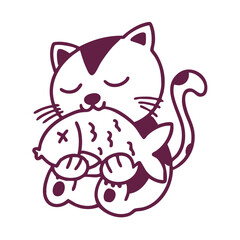 A cute cartoon cat with closed eyes happily hugging a big fish.