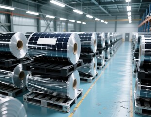 Rows of flexible solar cell rolls stored on pallets in a factory.