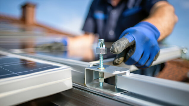 Installer fastening a bolt on a rooftop solar mounting rail.