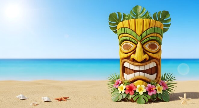 A vibrant wooden Tiki mask with a flower lei and leaf headdress stands on a beautiful sandy beach. A sunny, tropical ocean and blue sky create a perfect summer vacation background