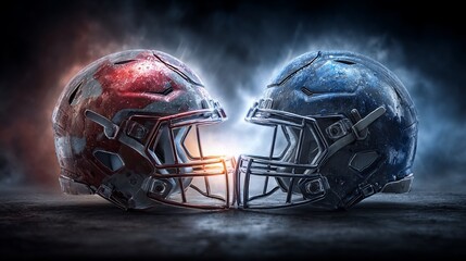 Epic clash of titans two american football helmets colliding in a dynamic battle scene