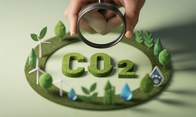 Green CO2 typography under magnifying glass with eco symbols and renewable energy icons, ideal for illustrating carbon footprint analysis and environmental sustainability concepts