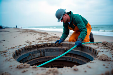 Worker inspecting coastal utility access with hose on beach.