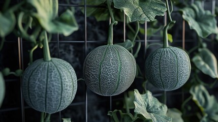 Serene close-up of ripening netted melons on a wire trellis structure