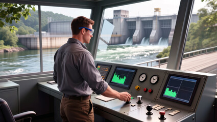 Control room operator monitoring hydroelectric dam systems.