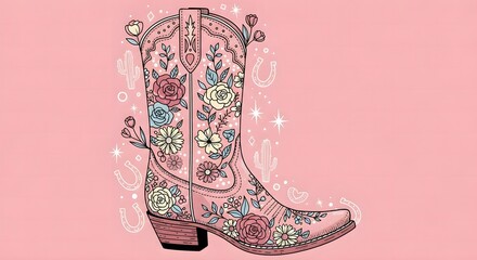 ​A vibrant pink cowboy boot adorned with intricate floral designs, set against a soft pink background with subtle western motifs