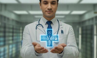 Doctor in white coat holding glowing medical cross hologram with healthcare icons, ideal for illustrating modern medicine, digital health services and innovative patient care
