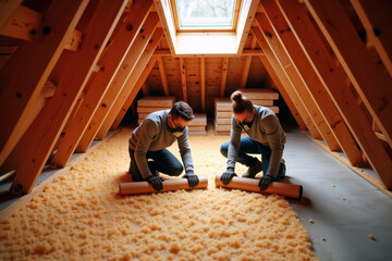 Two contractors installing loose-fill attic insulation under skylight.