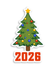 2026 Happy New Year Christmas sticker. Christmas tree  2026 Holiday sticker. Vector illustration.