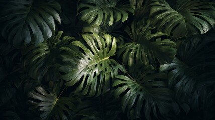 Fototapeta premium Lush monstera leaves in deep green tones. Neural network AI generated