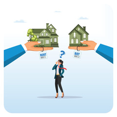 investment or lifestyle choice concept. Two Big Hands Present Rent And Buy Options To A Woman.