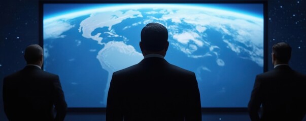 Three Professionals Observing Earth from Window in Space