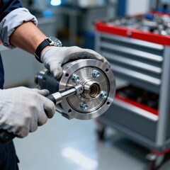 Technician tightening bolts on metal component with ratchet.