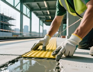 Worker installing tactile paving on platform edge.
