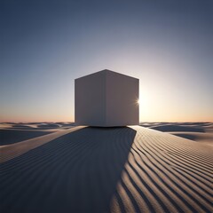 A stark, white cube sits atop a rippled sand dune in a vast, desolate desert at sunset, casting a dramatic, long shadow