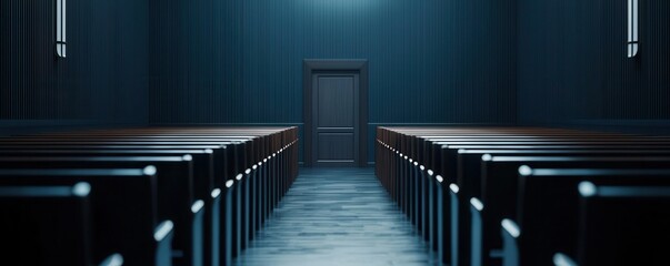 Spooky Empty Courtroom with Dim Light and Mysterious Door