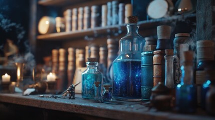 Old magical scientific research laboratory filled with potions and elixirs