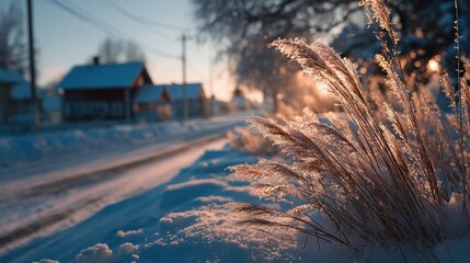 Golden hour illuminates winter's icy embrace on rural landscape with snow