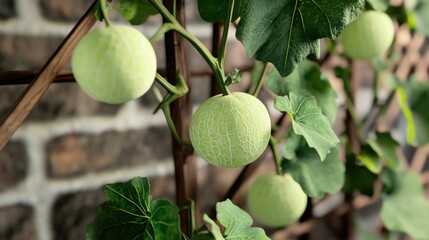 Vibrant honeydew melons growing on vines against a brick backdrop