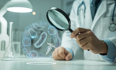 Doctor examining digital holographic bacteria and viruses with magnifying glass, ideal for illustrating medical diagnostics and microbiological research concepts