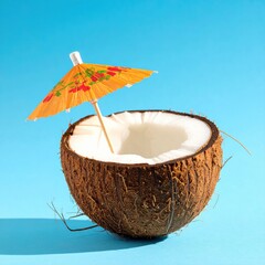 Tropical Coconut with Umbrella on Blue