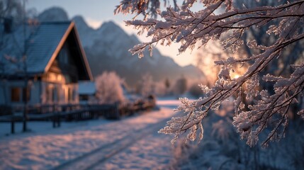 Enchanting winter wonderland scene with snow-covered branches and serene landscape