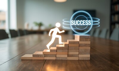 Abstract figure climbing wooden block steps toward glowing success symbol, ideal for illustrating business growth, achievement, and career progress concepts