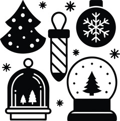 A festive set of Christmas icons including a tree, gift, snowman, and snowflake for winter holiday vector design and decoration
