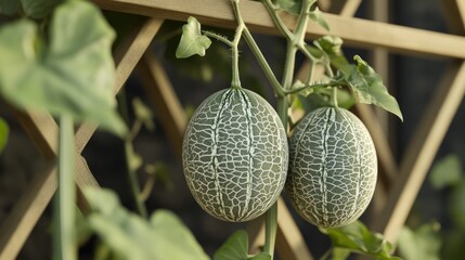 Cultivation of Honeydew Melons on a Wooden Trellis: A Symbol of Growth