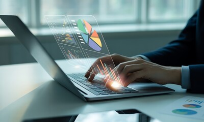 Business professional using laptop with holographic financial charts and pie graphs, ideal for illustrating data analytics, digital marketing, and corporate strategy concepts