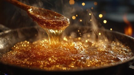 Golden syrup cascade: A captivating culinary moment of sweet transformation
