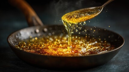 Golden liquid cascading into hot skillet capturing culinary artistry