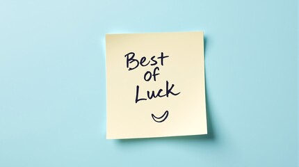 Best of luck sticky note message on blue background for motivation and encouragement wishes concept