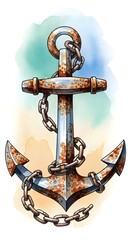 A detailed illustration of a rusty ship's anchor with an attached chain, set against a subtle, watercolor-style background in blues, greens, and tan