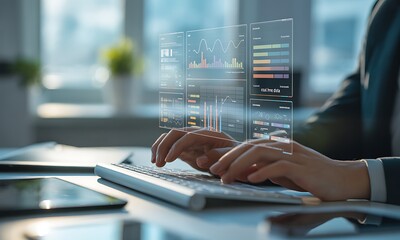 Business analyst typing on keyboard with holographic data dashboards and analytics charts, ideal for illustrating digital transformation and modern data-driven decision making