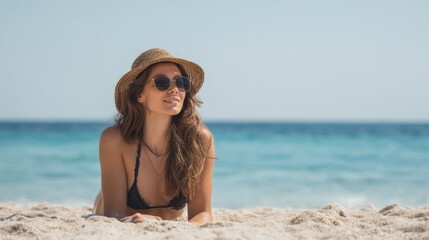 Serene beach relaxation: Woman basking in sunshine on golden sands