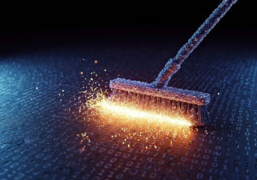 Sparkling data cleansing with a futuristic digital broom, removing obsolete binary code for efficient system optimization and enhanced cybersecurity protection