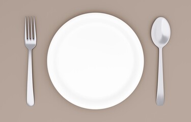 3Dイラスト_皿とカトラリー_茶色