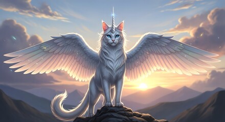 ​A majestic, white, winged cat, a "Unicorn-Pegasus Cat," stands on a mountain peak at sunset with a glowing horn and large feathered wings spread wide