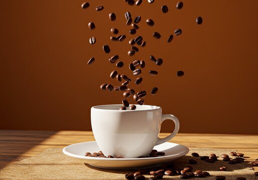 Start your day with a splash of coffee delight as beans pour into a pristine white cup, promising a rich aroma and invigorating taste of pure, roasted perfection