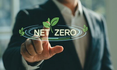 Businessman touching digital net zero icon with green leaves, ideal for promoting sustainability, carbon neutrality, and eco-friendly corporate strategies