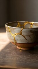 ​A ceramic bowl repaired with the Japanese art of kintsugi, featuring cracks mended with gold lacquer, highlighting beauty in imperfection