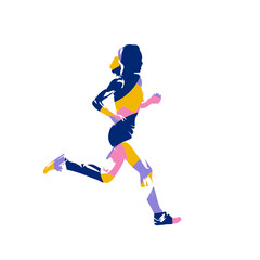 Running woman, run, abstract isolated vector silhouette. Female athletics logo. Marathon