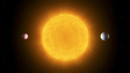 Planets orbiting a sun-like star. System of exoplanets and a sun. Alien star with two Earth-like worlds.