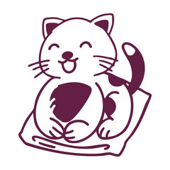 A cute, happy, cartoon-style cat with dark purple markings is sitting on a light-colored cushion.